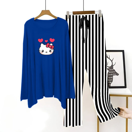 Royal Blue ( KITTY ) Printed Shirt With Lining Trouser