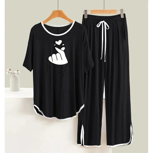 Black Finger Love White  Round Neck Plazzo PJ Set