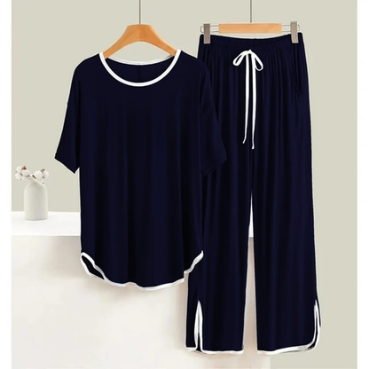 NAVY BLUE WITH White  Round Neck Plazzo PJ Set