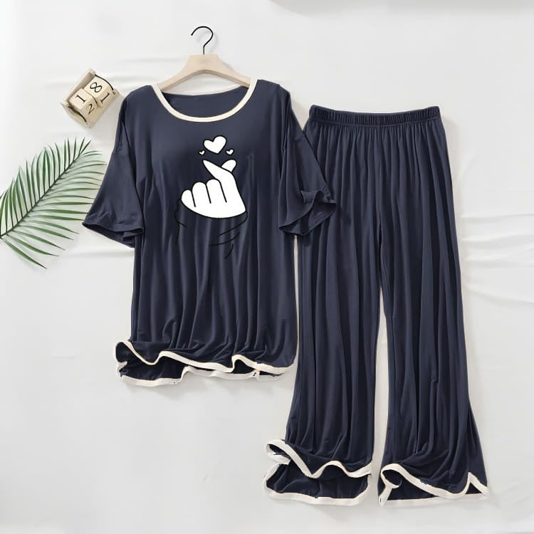 NAVY BLUE White Border Finger Love Printed Top & Palazzo