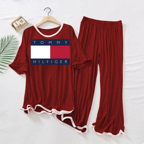 Tommy  Logo Printed  Maroon White Border Top & Palazzo