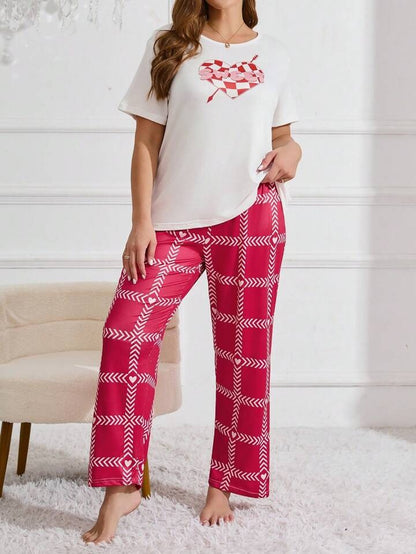 Heart Letter Arrow Print Pajama Set white with pink  nightwear for women