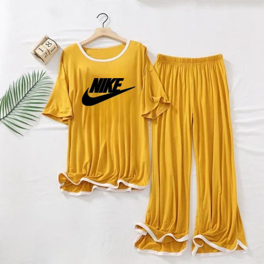 NIKE Logo Printed Yellow With white board Top & Palazzo