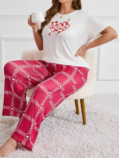 Heart Letter Arrow Print Pajama Set white with pink  nightwear for women