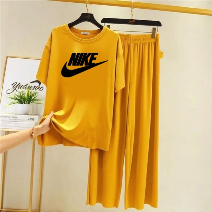 NIKE Logo Printed Yellow Half Sleeves Top & Palazzo