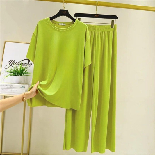 Plain Lemon Green Palazzo Style Night Dress Hlaf Sleeve