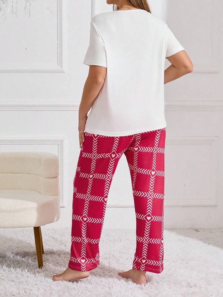 Heart Letter Arrow Print Pajama Set white with pink  nightwear for women