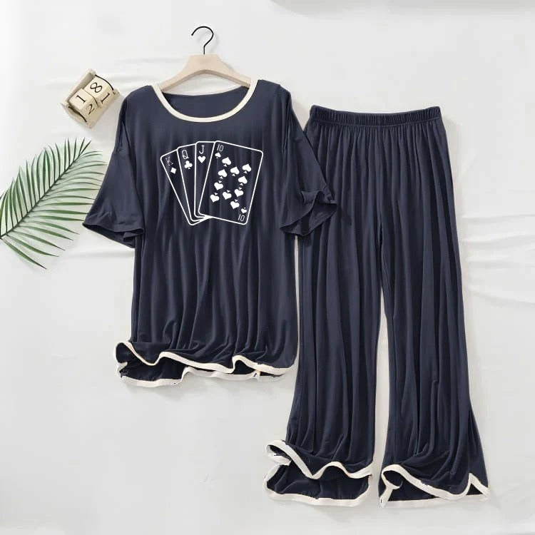 NAVY BLUE White  Round Neck Plazzo PJ Set Paying Card Printed Dress (KQJ10)