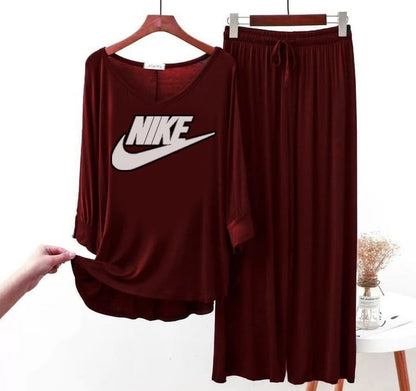 NIKE Logo Printed  Maroon Full Sleeves Top & Palazzo