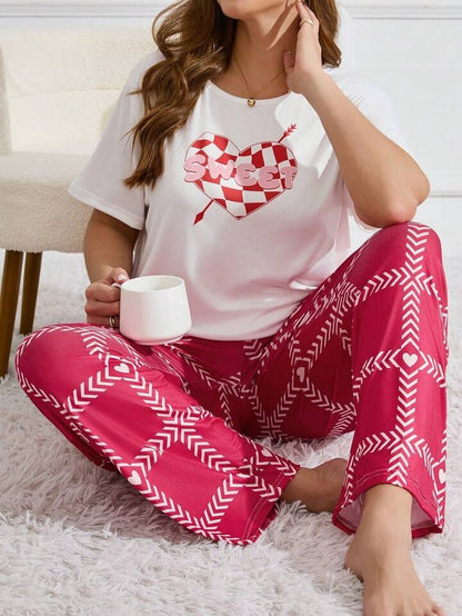 Heart Letter Arrow Print Pajama Set white with pink  nightwear for women